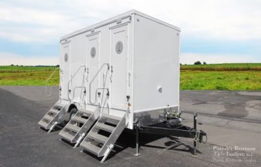 3 station portable restrooms for rent | calypso series exterior